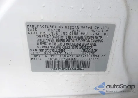 2020 Nissan Kicks S Xtronic Cvt z USA, uszkodzony, nr VIN 3N1CP5BV2LL501061